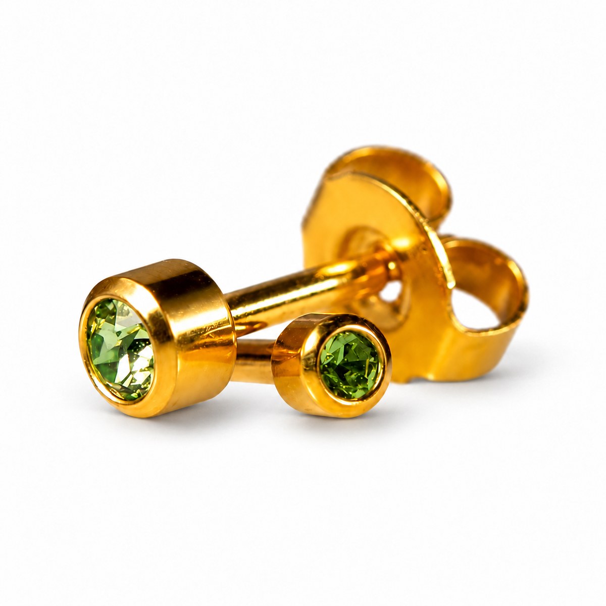 Caflon Mini Peridots 3mm auskari-tapiņas ar zaļu akmentiņu, apzeltīti